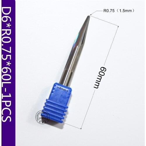 6mm*R0.75*60L-1PCS,Freeshipping CNC solid carbide End Mill,woodworking router bit,taper ball nose milling cutter,relief tool