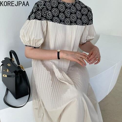 Korejpaa Women Dress 2021 Summer Korean Fashion Elegant Retro O Neck Embroidered Flower Stitching Loose Casual Pleated Dresses