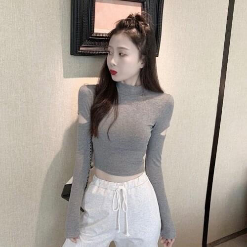 Short Open Navel Top Autumn Womens Tops And Blouses High Waist Slim With Long Sleeve T-shirts Semi High Collar Bottomed T Shirt