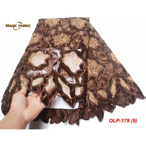 Best Selling African brown color embroidered Sequins Lace Material Fashion French Organza Lace Fabric For Women Dress OLP-179