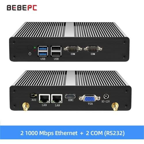 BEBEPC Fanless Mini PC Dual LAN Celeron N2830 J1800 J1900 Windows 10 2*Serial port 2*LAN DDR3L HDMI VGA WIFI USB Mini Computer