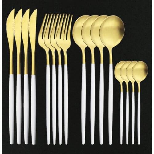 Dinnerware Set 16Pcs White Handle Gold Flatware Cutlery Set Stainless Steel Dinner Fork Knife Teaspoon Tableware For Home Set