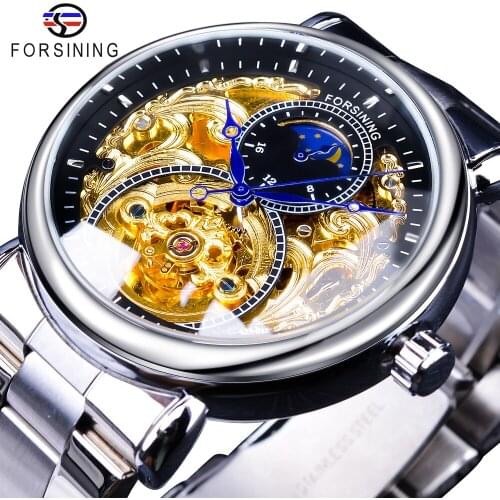 Forsining 2019 Royal Luxury Moon Phase Design Mens Golden Transparent Open Work Automatic Mechanical Wristwatch Top Brand Luxury