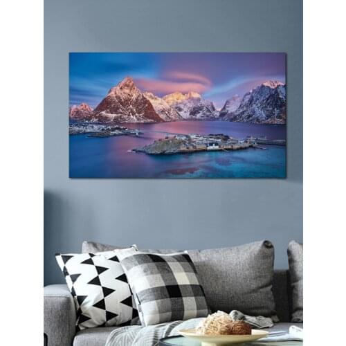 Norway scenic mountains river reflection island sunrise nature living room home wall art decor art decor fabric poster KL942
