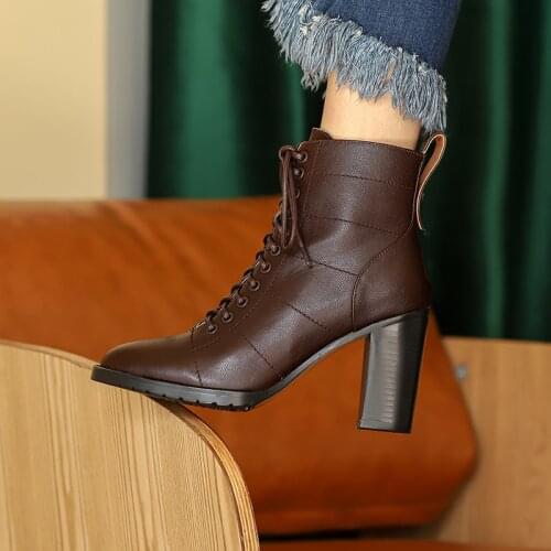 Osunlina Autumn Ankle High Heels Boots Round Toe Lace-up Elegant Genuine Leather Womans Chunky Boots Zipper Female Shoe A138