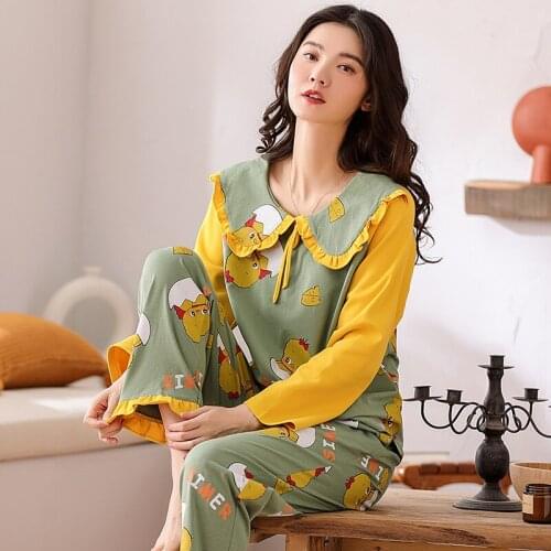 PURE Cotton Turn-down Collar Pullover Long Sleeve Trousers Pajama Jammies Girl Lady Womens Sleepwear Nightwear Pyjamas NLZM