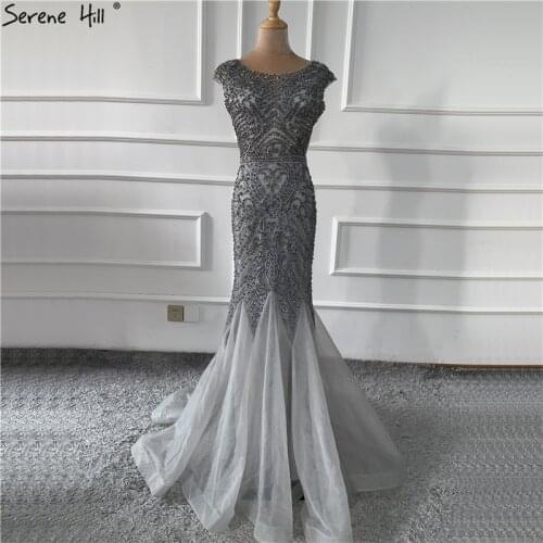 Grey Dubai Crystal Tulle Prom Dresses 2020 Latest Design Mermaid Sleeveless Prom Gowns Real Photo BLA60980