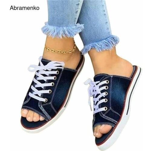 Sandals High Heels Peep Toe Summer Gladiator Hemp Fashion Flats Denim Blue Casual Shoes Woman Lace up Shoes Plus Size 35-43