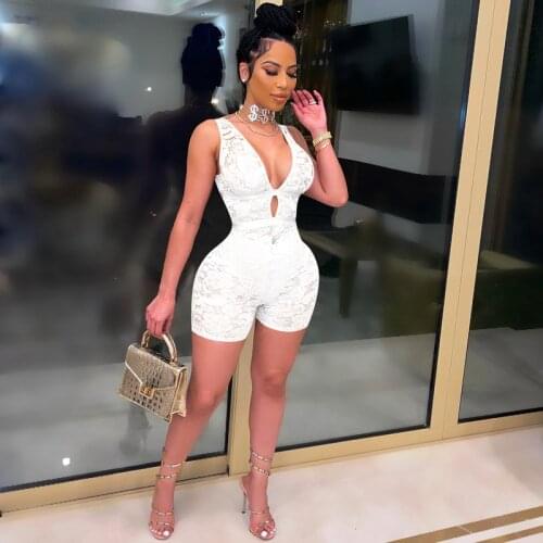 Sexy Womens Floral Lace Playsuit Jumpsuits Summer Sexy V Neck Hollow Out Sleeveless Slim Rompers Lady Chic Party Bodycon Leotard