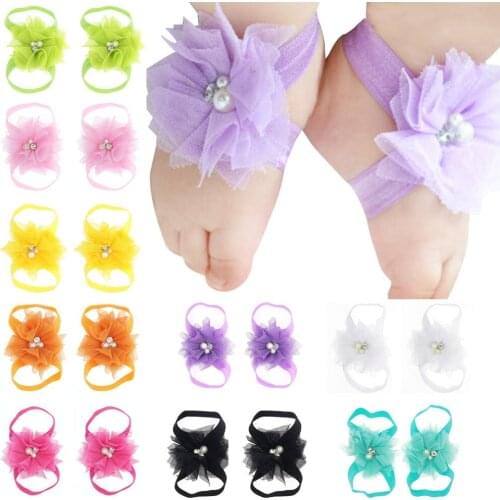 Cute 2pcs/pair Newborn Toddler Elastic Satin Mesh Flower Barefoot Sandals Baby Kids Children Shoes Photo Props Gifts