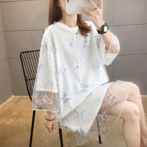 2021 Summer Butterfly False Two Short Sleeve Sequined Tee Shirt Femme Tops Stranger Things T Shirt Womens Clothes