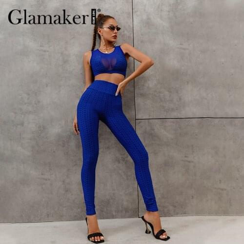 Glamaker Blue summer women 2 piece suits Sexy sleeveless crop top bordycon slim pants Sportswear elasticity casual jumpsuit set