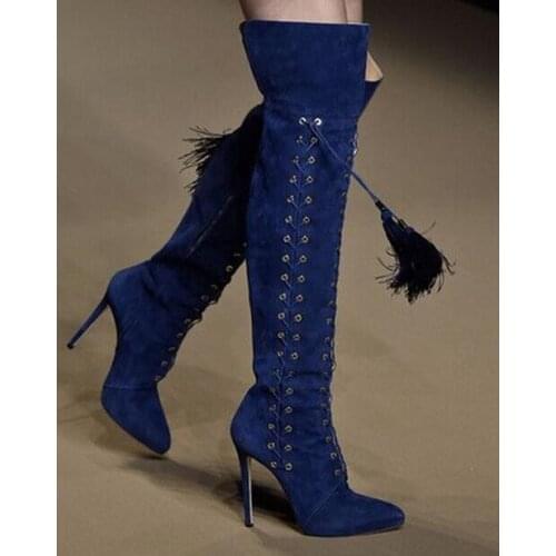 Red/black/blue/orange 4 colors lace up over the knee boots for woman tassels decoration stiletto fashion heels thigh high boots
