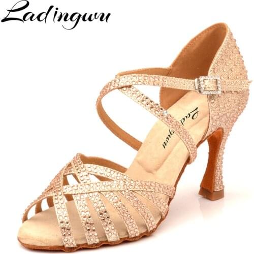 Ladingwu Latin Dance Shoes Gold Glitter Rhinestones Champagne Womens Ballroom Dancing Shoes Salsa Soft Shoes High Heel