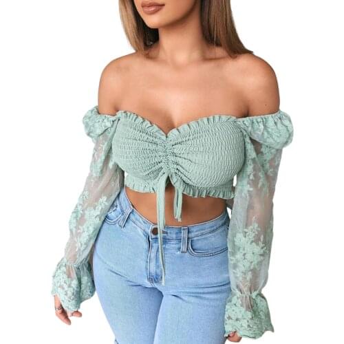 Women Floral Embroidery Cropped Tops, Lace Long Sleeve Off-shoulder Drawstring Vest for Summer