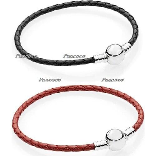 925 Sterling Silver Bracelet Black Leather Ball Clasp Snake Bangle Bracelet Fit Women Bead Charm Pandora Jewelry