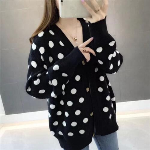 Womens Knitted Cardigan V Neck Polka Dots Long Sleeves Loose Sweater Wholesale 2021 Autumn Winter New Fashion Lady Clothing