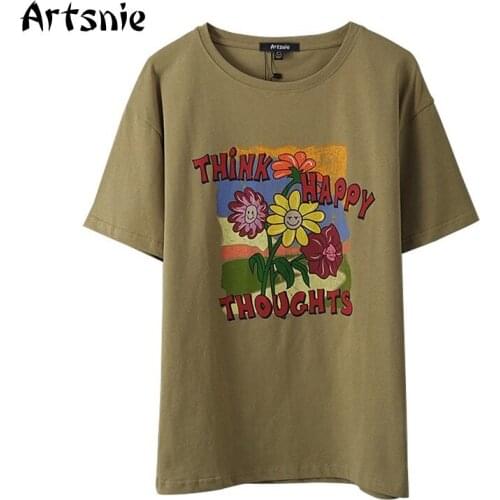 Artsnie Summer Flowers Print T Shirt Women O Neck Short Sleeve Loose Tops Female Streetwear Green Knitted Ladies T-shirts Tee