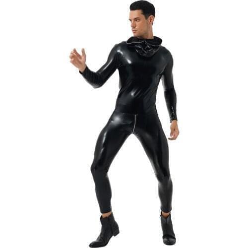 Faux Leather Bodysuit Men Pants Zipper Hooded Stretchy Skinny Jumpsuits Street Nightclub Stage Performance Role Play Costume New