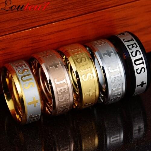 Large Size 8mm Stainless Steel Jesus Cross Prayer Ring Letter Bible Wedding Bands for Lovers Gift