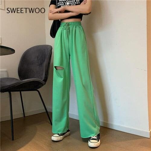 Casual Pants Women Lace-up Loose Wide-leg Holes Chic Streetwear Students Leisure Womens Trousers Solid Color Fashion All-match