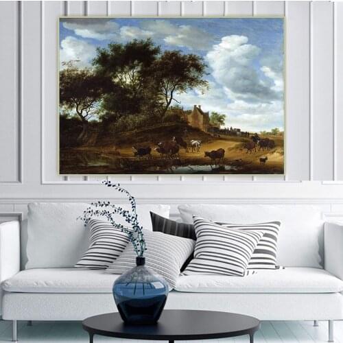 Jacob van Ruisdael《Dutch Landscape with Cattle and an Inn》Canvas Oil Painting Aesthetic Picture Hanging Decor Home Decoration