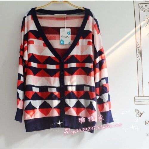 New spring autumn women seasonal irregular geometric pattern loose soft and comfortable bat sleeve big size knit cardigan