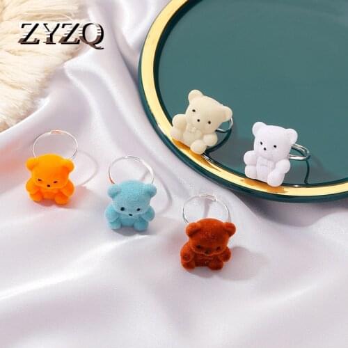 ZYZQ Sweet Solid Color Doll Flocking Plush Bear Rings For Women Girls Kids Kawaii Adjustable Rings Jewelry Graduation Gifts