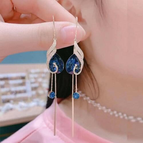 Korean retro phoenix crystal earrings tassel long earrings 2021 new trendy net red face thin earrings