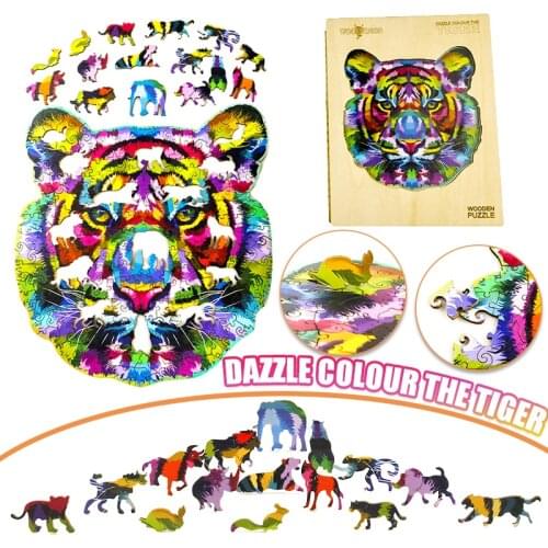 Colourful Tiger Wooden Animal Puzzle Children 3D Wood DIY Crafts Animal Shaped Jigsaw Fabulous Educational Puzzles Toys Gifts