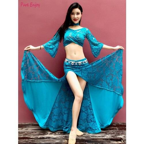 Summer Lace Women Belly Dance Wear Performance Performance Show 2 Piece Set (Top + Long Split Side Skirt lace) Pink sky blue