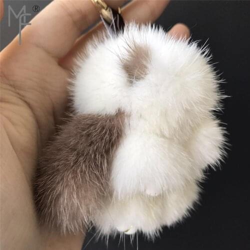 Magicfur - White/Brown Eyes Ears Real Mink Fur Rabbit Cute Bunny Doll Keyring Handbag Purse Car Key ring Phone Keychain Pendant
