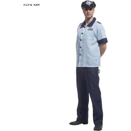 Men Light Blue Police Uniform Cosplay Halloween Policemen Costume Carnival Purim Stage show Masquerade Role play Bar Party dress