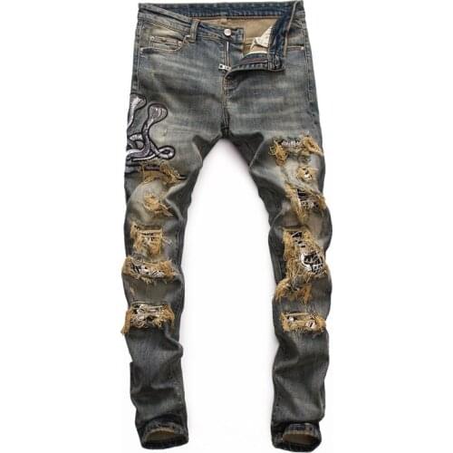 2021 New Fashion Streetwear Retro Yellow Slim Fit Destroyed Ripped Jeans High Quality Embroidery Designer Hip Hop Jeans Men