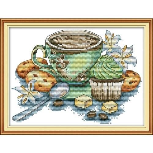 Teacup and cake 2 cross stitch kit aida 14ct 11ct count print canvas stitches embroidery DIY handmade