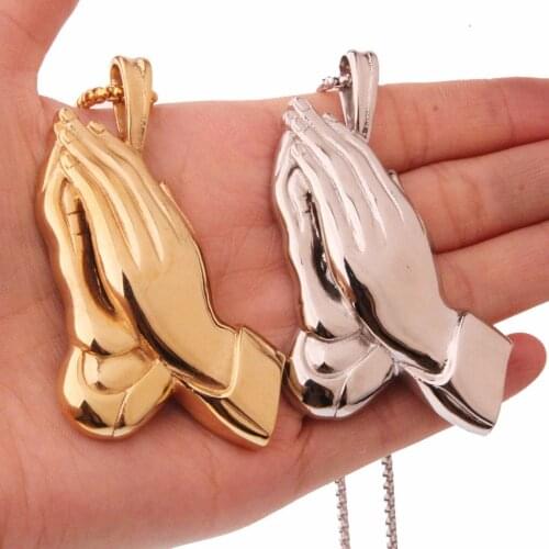 New Arrive Stainless Steel Silver Color/Gold Worship God Praying Hands High Quality Mens Pendant Neklace Free Box Chain 24"