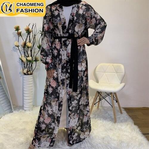 New Design Chiffon Print Floral Caftan Open Turkish Muslim Fashion Dresses Abaya Dubai Islamic Clothing Middle East Cardigan