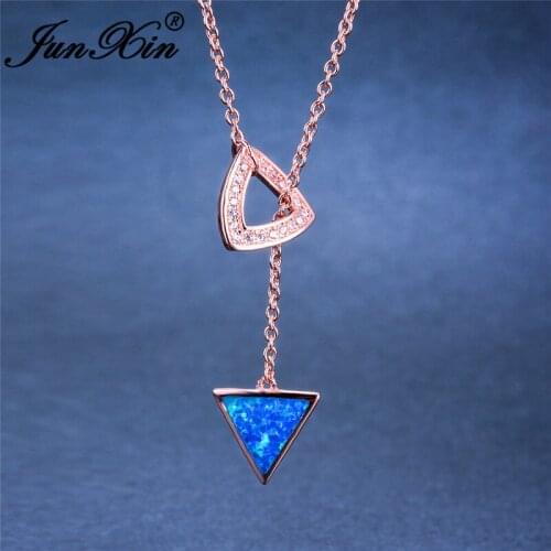 JUNXIN Sexy Triangle Pendant Tassel Necklaces For Women White Gold Rose Gold Color Bridal Blue White Fire Opal Clavicle Necklace