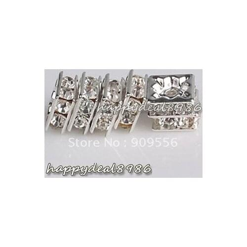 P05-8,wholesale! Free shipping! 8x8mm Silver plated Square rhinestone crystal spacer beads,Grade A,100pcs/lot