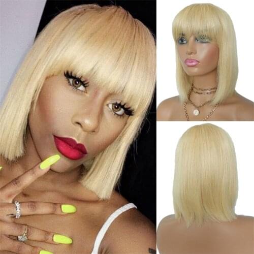 613 Blonde Bob Wigs with Bangs Full Machine Made Human Hair Wigs for Women 150% Density Brazilian Remy Short Straight Bob Wigs
