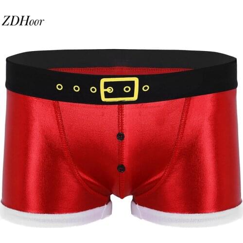 Christmas Mens Gay Underwear Santa Claus Tight Boxer Shorts Faux Leather Printed Belt Pattern Cosplay Costume Sissy Underwear