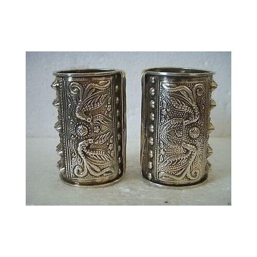 Wide Chinese tribal Miao silver mens Cuff bracelet pair Garden Decoration 100% real tribal Miao silver