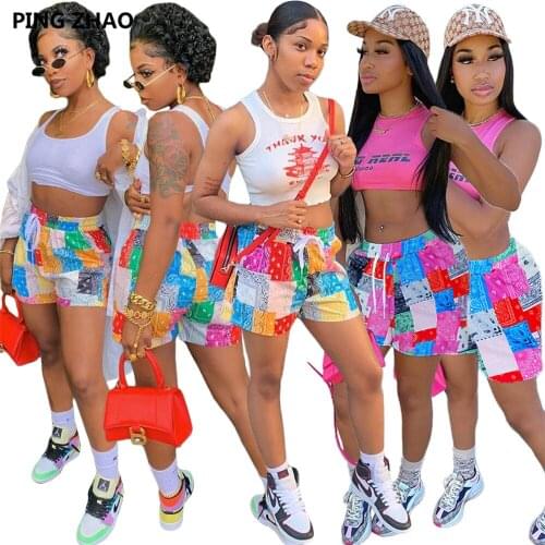 PING ZHAO Women Fashion Print Shorts Summer Beach Loose Drawstring Waist Shorts Casual Midi Waist Patchwork Short Pants
