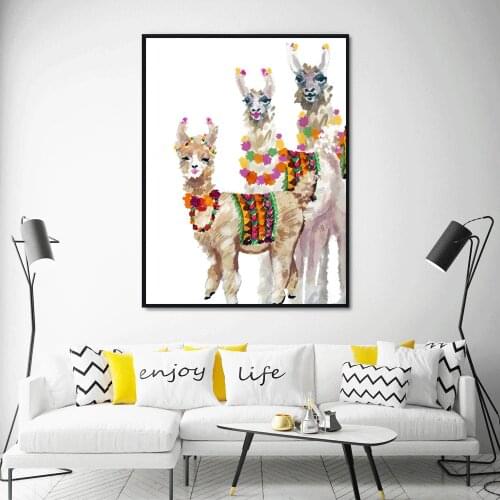 Nordic Abstract Lovely Alpaca Animal Wall Art Llama Canvas Oil Painting Pictures Posters And Prints For Living Room Home Decor