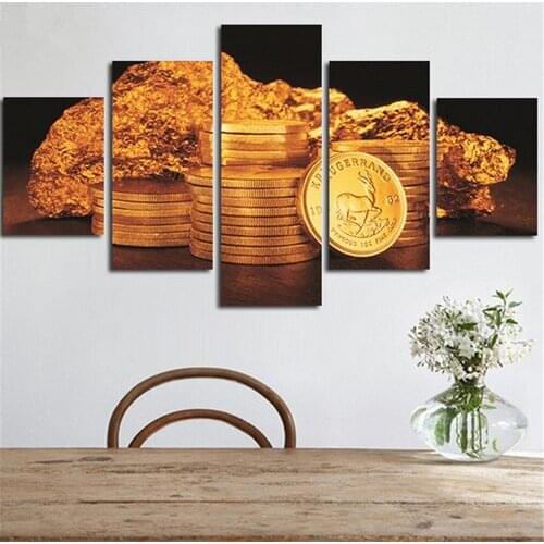 Modern Pictures HD Printed Canvas Frame Painting Home Wall Art Photo Decor 5 Panels Gold Coins Landscape Modular Poster