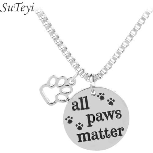SUTEYI Pet Lovers Rescue Necklace Jewelry Inspirational Message "All Paws Matter" Pendant Dog Cat Animal Foot Paw Necklaces