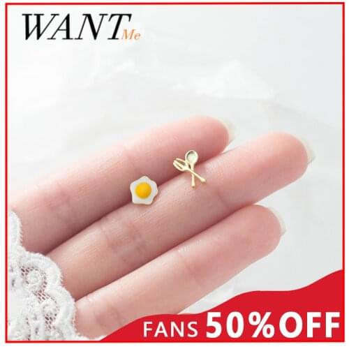 WANTME Fashion Cute Mini Egg Cutlery Stud Earrings for Women Genuine 925 Sterling Silver Creative Korean Teen Party Jewelry Gift