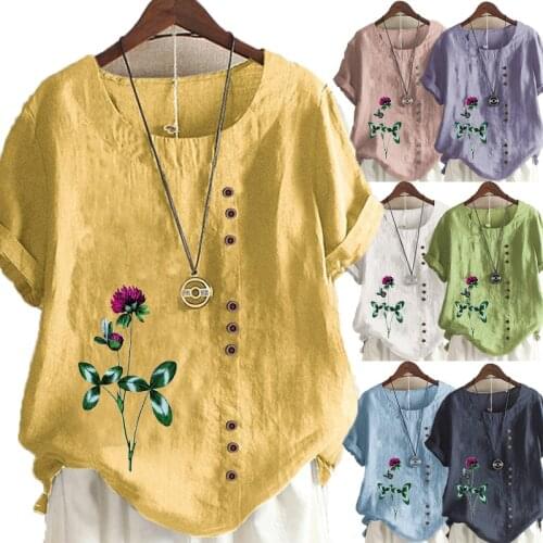 Womens Summer New Fashion Casual Round Neck Short Sleeve T-shirt Flowers Printing Linen Shirt Tops Loose Blouse S-5XL