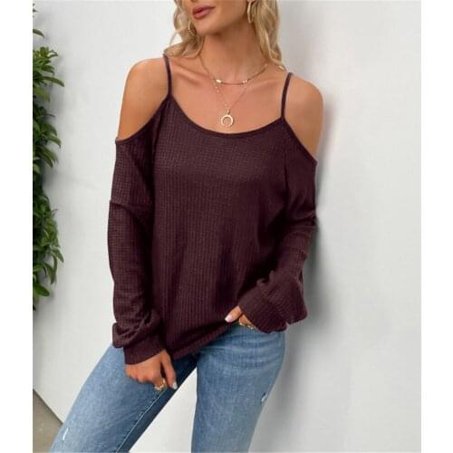 Summer T Shirt Women new long-sleeved waffle off shoulder harness Female Tee Tshirts dropshipping CJYG086
