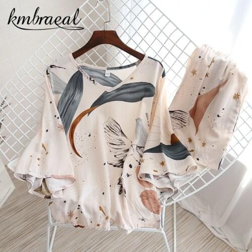 Womens Pajamas Summer 2021 Rayon Seven-point Sleeve Shorts Two-piece Set Fresh Can Wear Short-Sleeve Shorts Sports Casual Girls